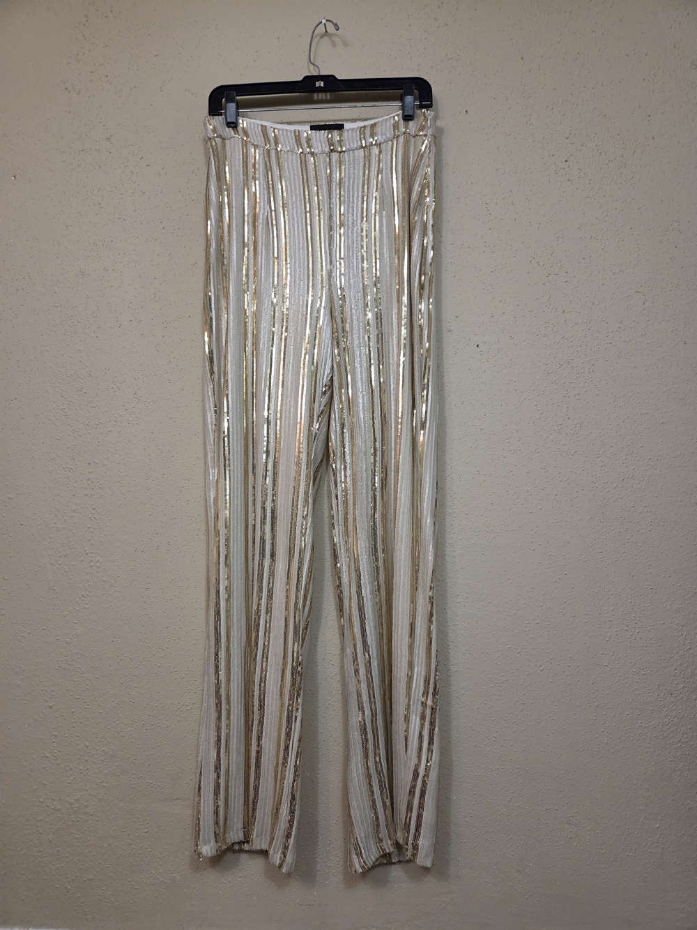 Goldie Pants Womens Medium Metallic Striped Wide-Leg White and Gold